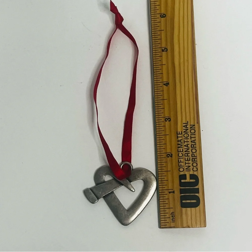 silver‎ tone 2 inch metal twisted nail heart figurine ornament red ribbon